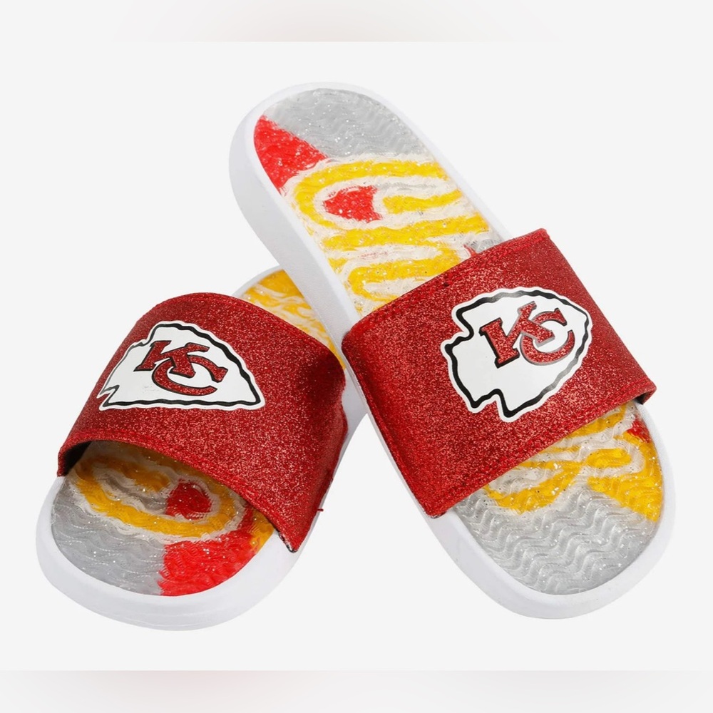 ❌SOLD❌ NWT [FOCO] Kansas City Chiefs NFL Sparkle Gel Slide Sandals Womens L 9/10 - Picture 2 of 12